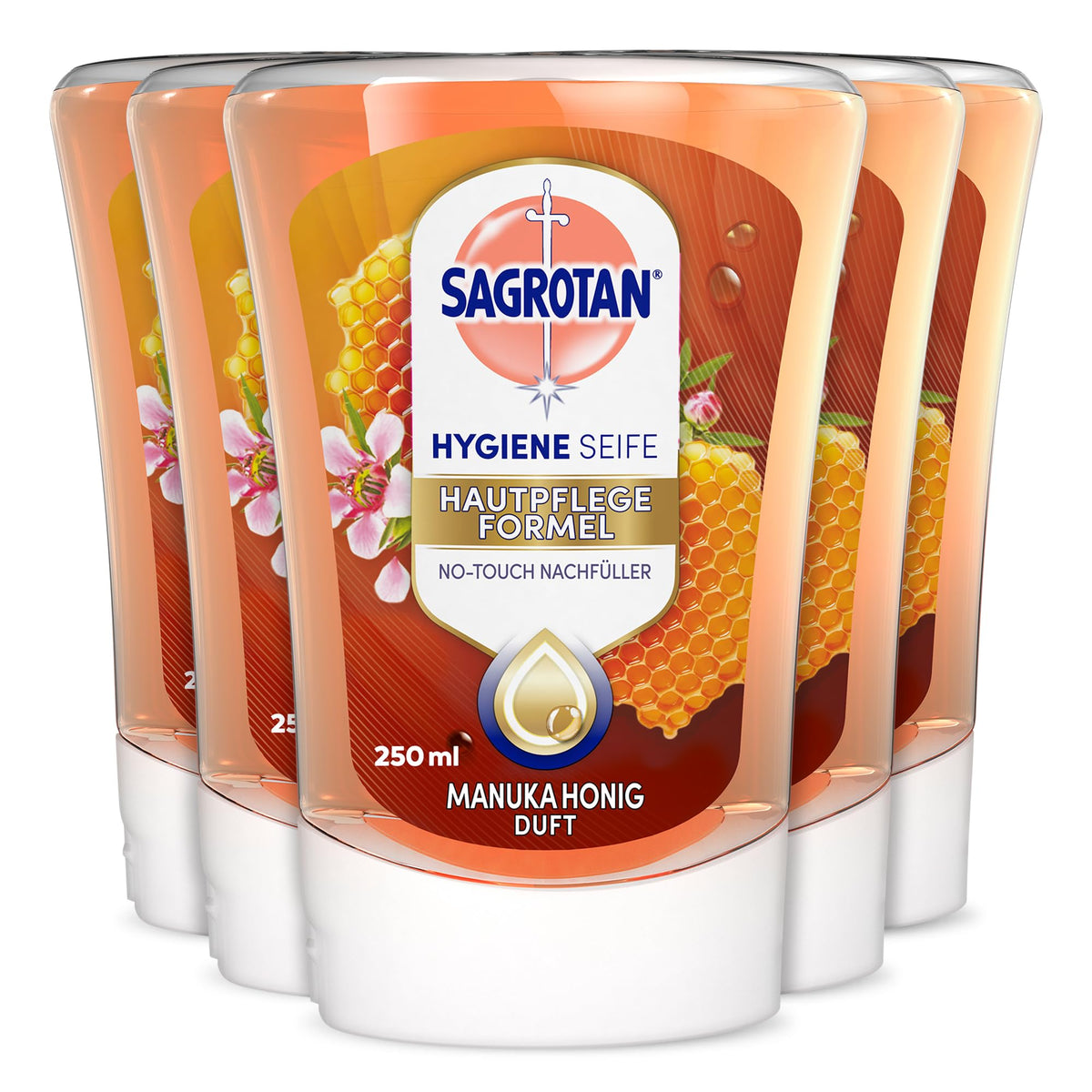Sagrotan No‑Touch Nachfüller Aloe Vera – Handseife für den automatischen Seifenspender – Sanfte Reinigung für die Hände – Flüssigseife – 5 X 250 ml