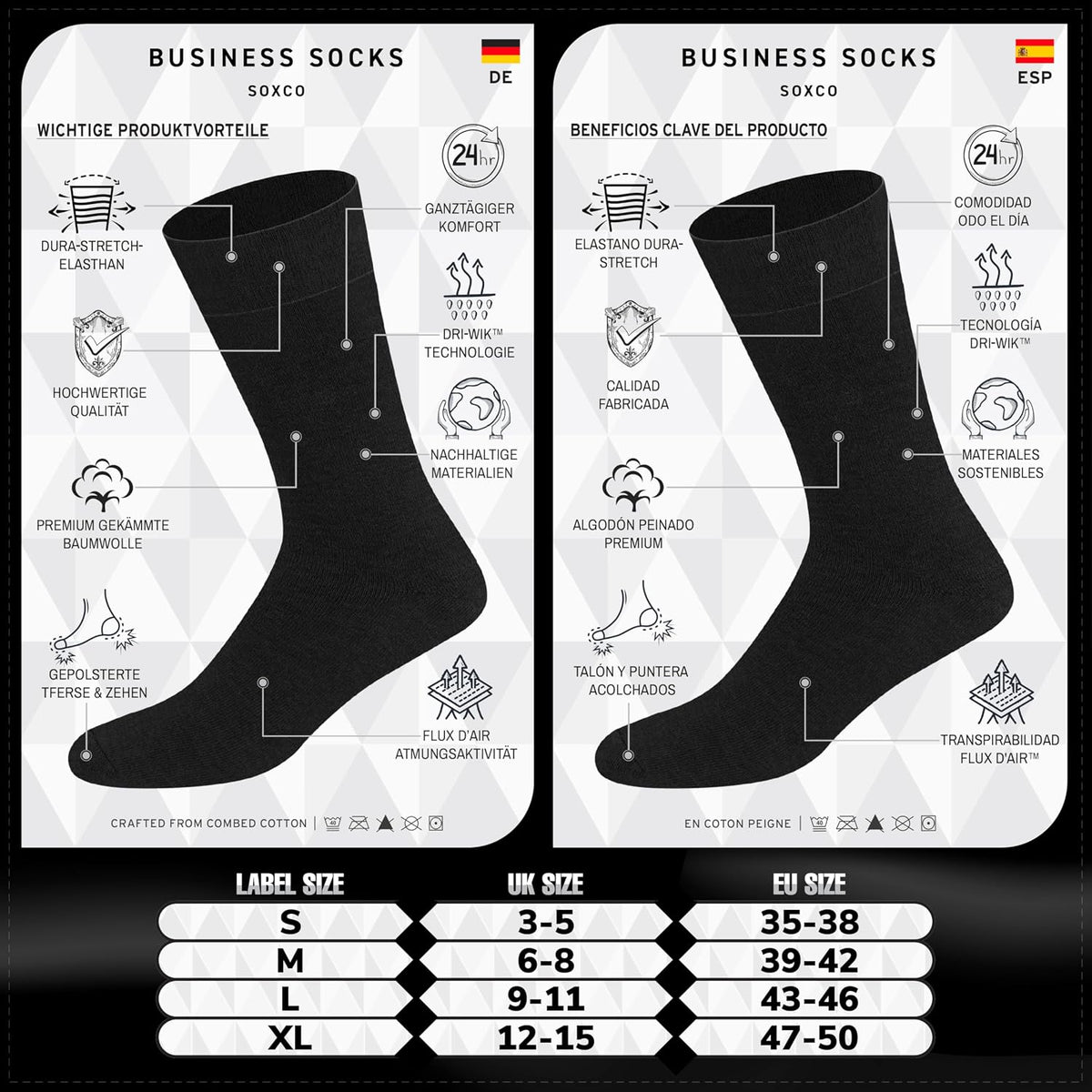 SOXCO Lot de 12 paires de chaussettes homme | Chaussettes habillées mi-mollet riches en coton | Tissu respirant idéales pour le travail et le quotidien | Noir, Blanc, Gris, Bleu Marine