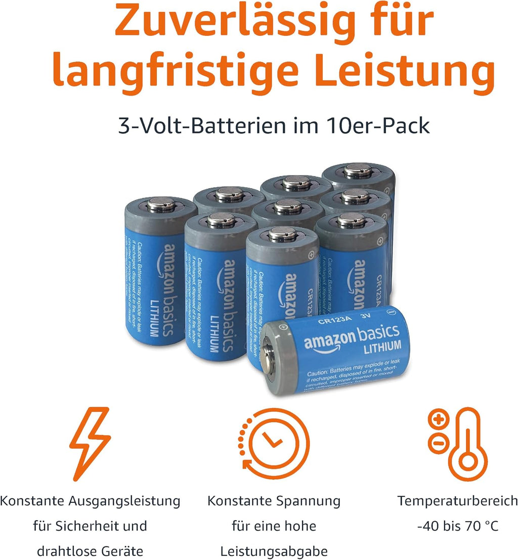Amazon Basics CR123A Lithium-Batterien, 3 V, 10 Jahre lagerfähig, 10 Stück