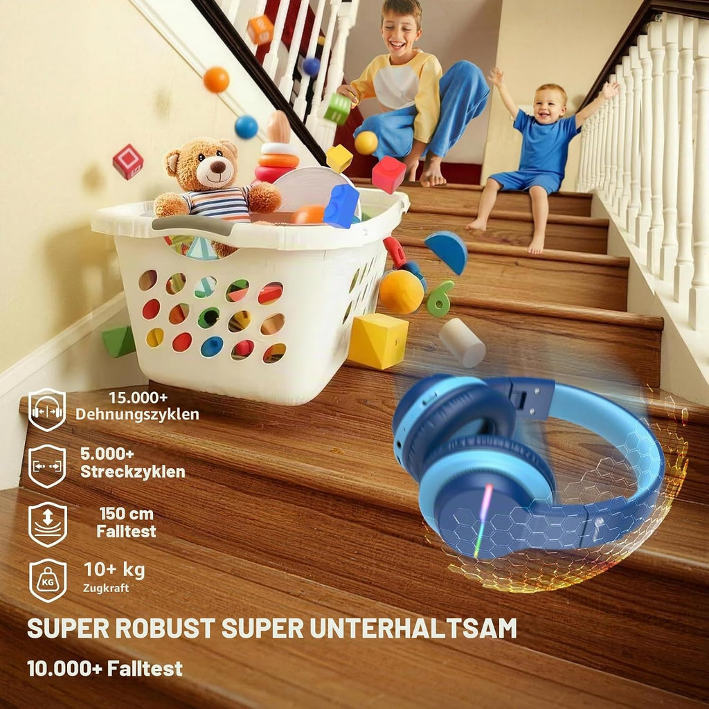iClever BTH12 Bluetooth-Kopfhörer für Kinder mit LED-Beleuchtung, 85 Stunden Wiedergabezeit, ideal für Reisen