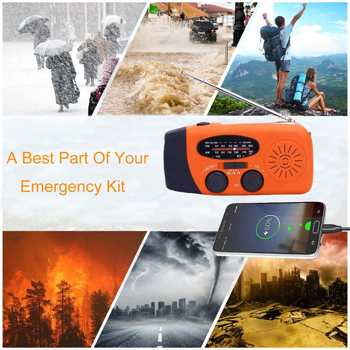 Notfall-Solarradio,Solarbaby Selbstbetriebenes Kurbelradio mit LED-Taschenlampe, SOS-Alarm,AM/FM Wetter Wind Up Radio mit 2000mAh Akku für Notladung von Smartphone,(Rod)