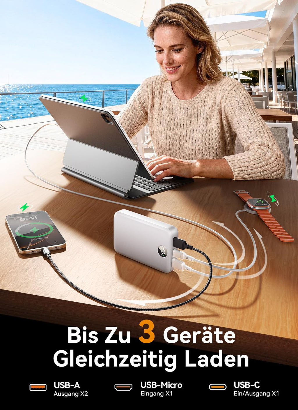 Power Bank 27000mAh, Ultra Kompakte Powerbank Schnellladen mit 3-in-1 Kabel