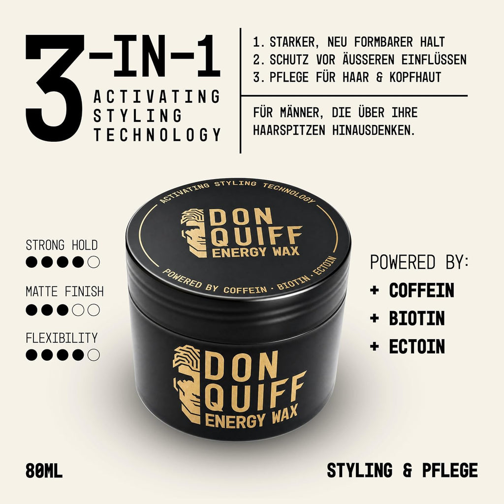 Don Quiff Energy Wax – Haarwachs für Männer aus Die Höhle der Löwen – starker matter Halt, Clay Pomade mit Coffein, Biotin & Ectoin, UVA/UVB-Filter – 80 ml – Made in Germany
