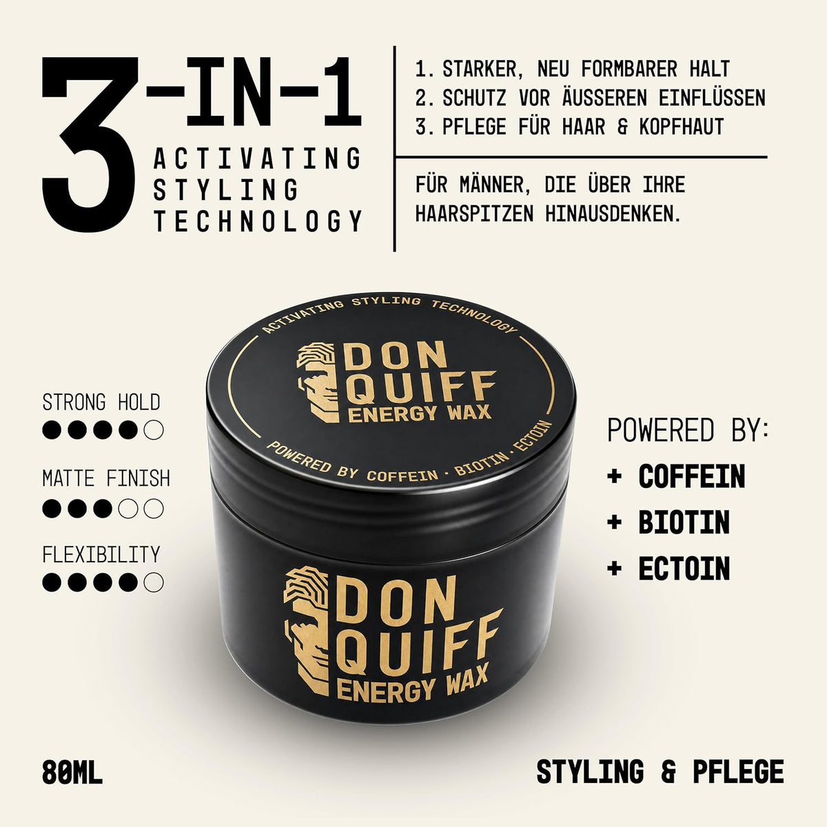 Don Quiff Energy Wax – Haarwachs für Männer aus Die Höhle der Löwen – starker matter Halt, Clay Pomade mit Coffein, Biotin & Ectoin, UVA/UVB-Filter – 80 ml – Made in Germany