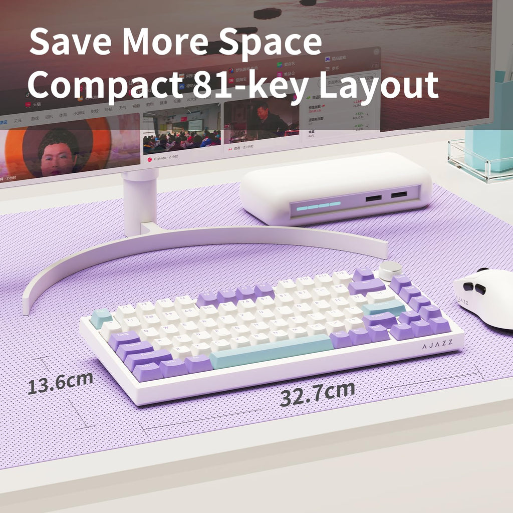 AJAZZ AK820 Mechanical Keyboard, 75% Hot Swappable Wired Keyboard with Volume Control Knob, QWERTY Layout, PBT Keycaps, Five-Layer Sound Insulation Pad, 82-Key Gaming Keyboard, Grey White