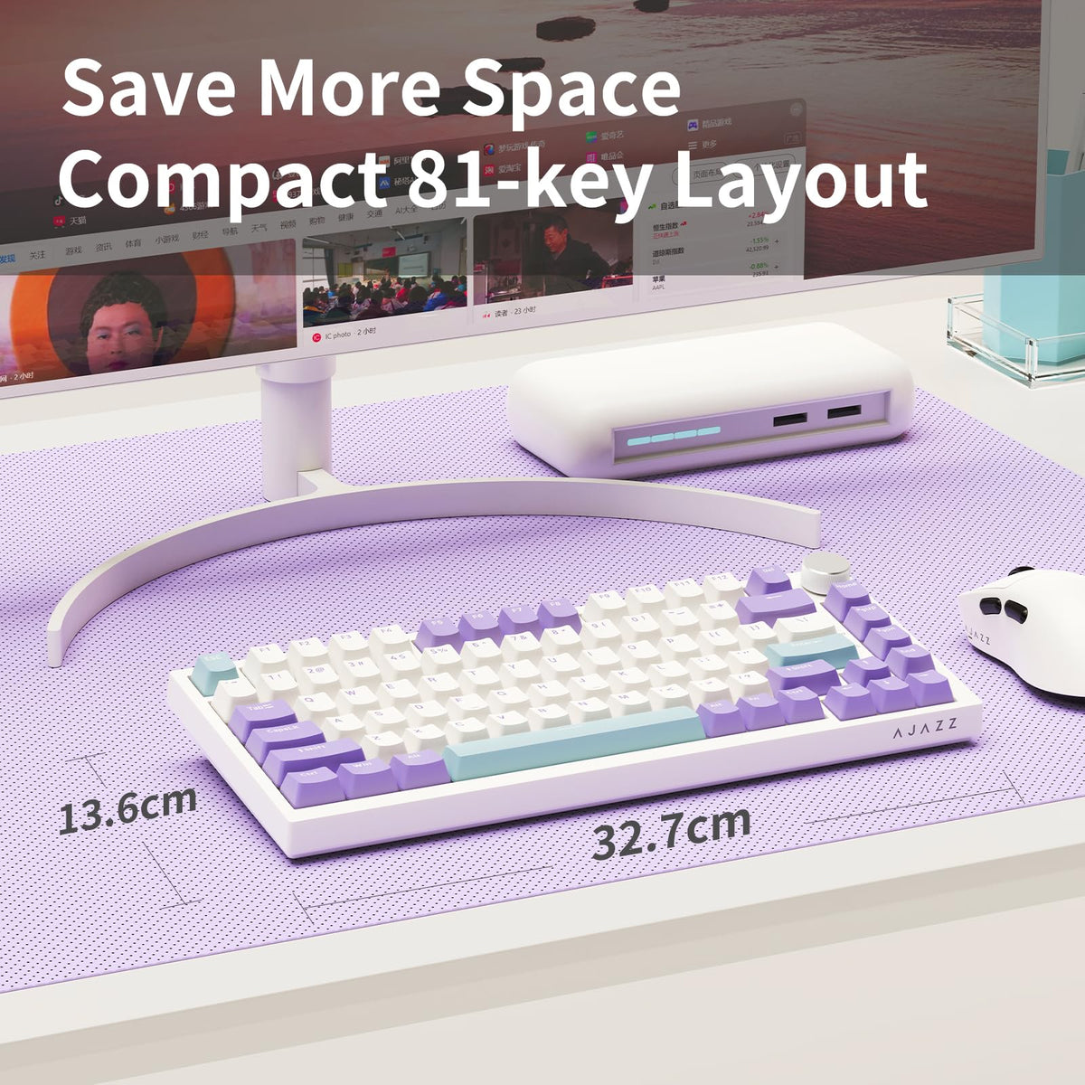 AJAZZ AK820 Mechanical Keyboard, 75% Hot Swappable Wired Keyboard with Volume Control Knob, QWERTY Layout, PBT Keycaps, Five-Layer Sound Insulation Pad, 82-Key Gaming Keyboard, Grey White