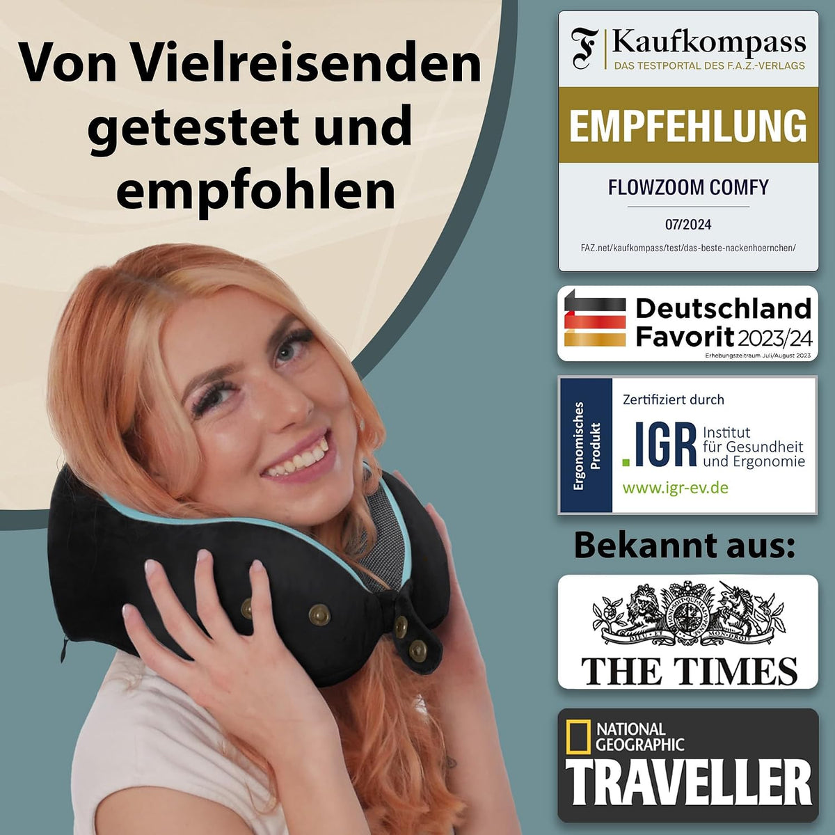 FLOWZOOM Comfy Nackenkissen Flugzeug & Auto mit Kapuze - Einstellbares Memory Foam Reisekissen mit Druckknöpfen für 360° Stütze, weicher Bezug - inkl. Transportbeutel - Grau
