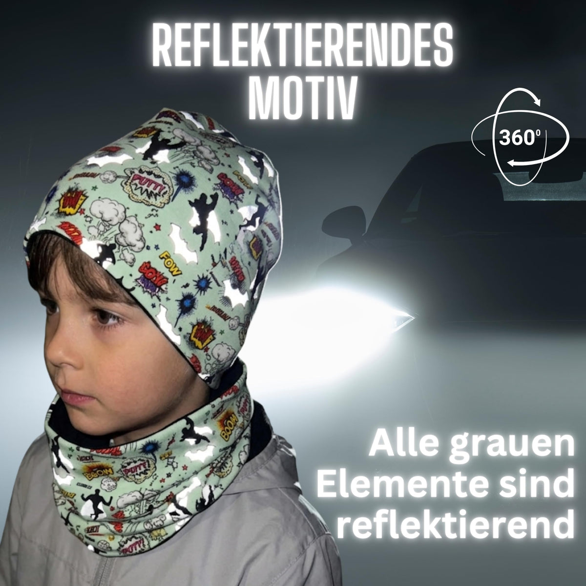 HECKBO 360° Reflektor Kinder Mütze & Loop Schal Set - 95% Baumwolle - weiches & pflegeleichtes Stretch-Material - Beanie Frühling Herbst Winter (48-54 cm)
