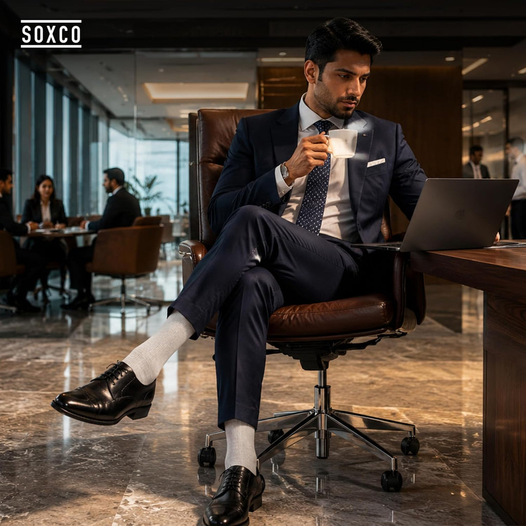 SOXCO Lot de 12 paires de chaussettes homme | Chaussettes habillées mi-mollet riches en coton | Tissu respirant idéales pour le travail et le quotidien | Noir, Blanc, Gris, Bleu Marine