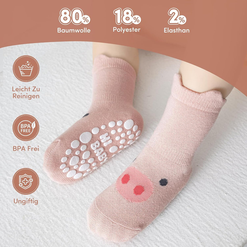 SockWaddles Chaussettes de bébé, 5 paires de chaussettes antidérapantes ABS respirantes pour enfants, chaussettes de bébé en coton, garçons et filles avec des animaux et des licornes