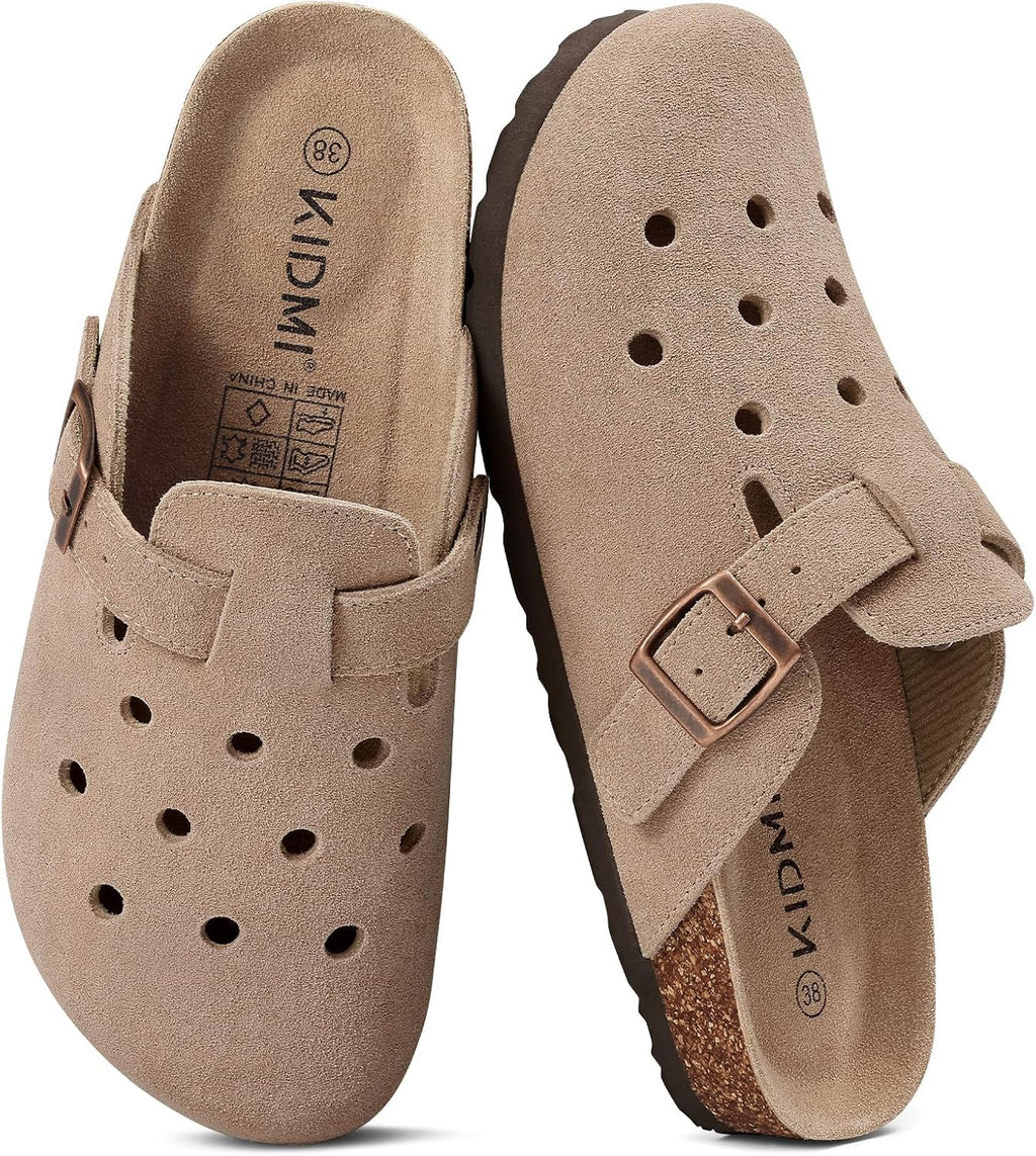 KIDMI Genuine Suede Clogs for Women Men Cork Footbed Mules Potato Shoes