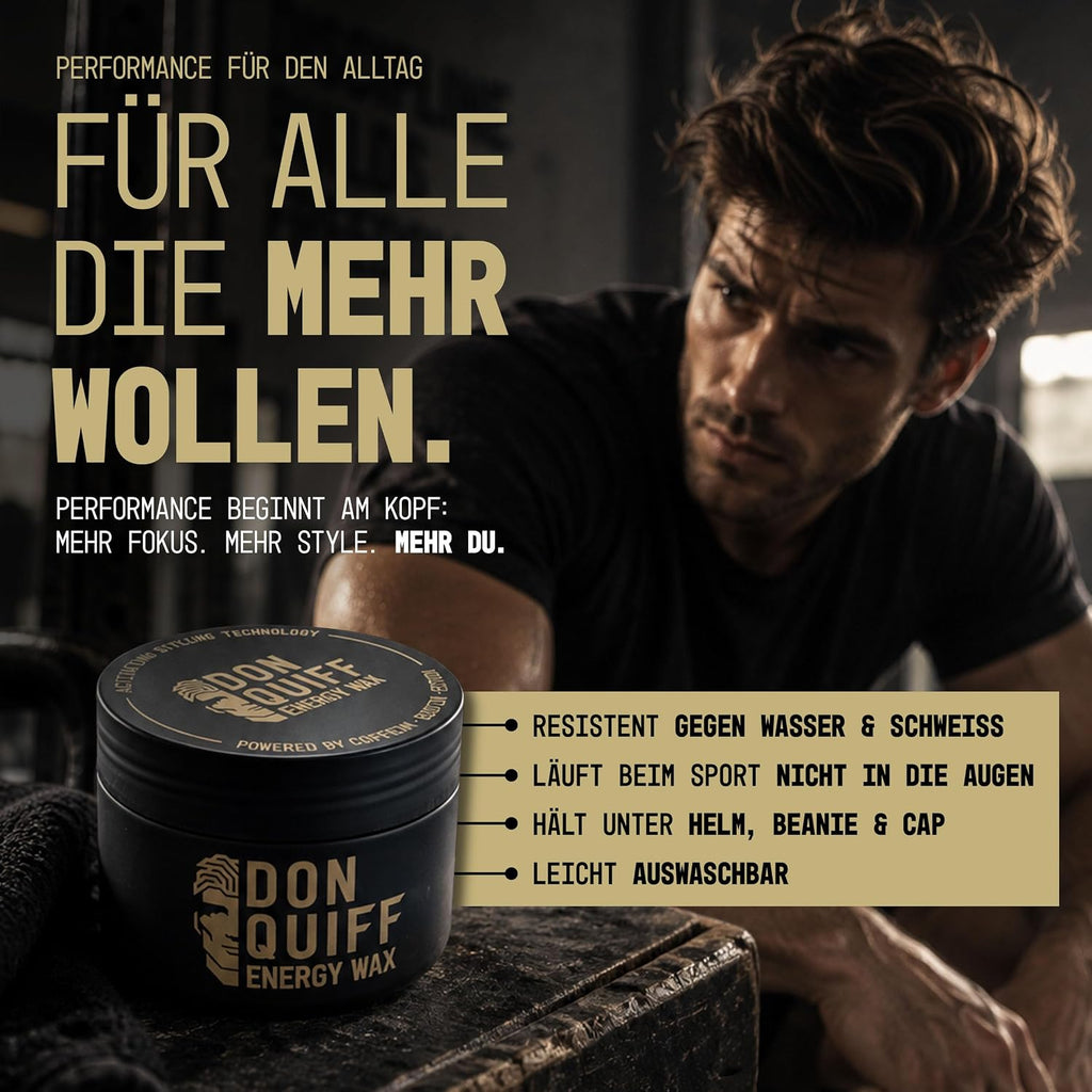 Don Quiff Energy Wax – Haarwachs für Männer aus Die Höhle der Löwen – starker matter Halt, Clay Pomade mit Coffein, Biotin & Ectoin, UVA/UVB-Filter – 80 ml – Made in Germany