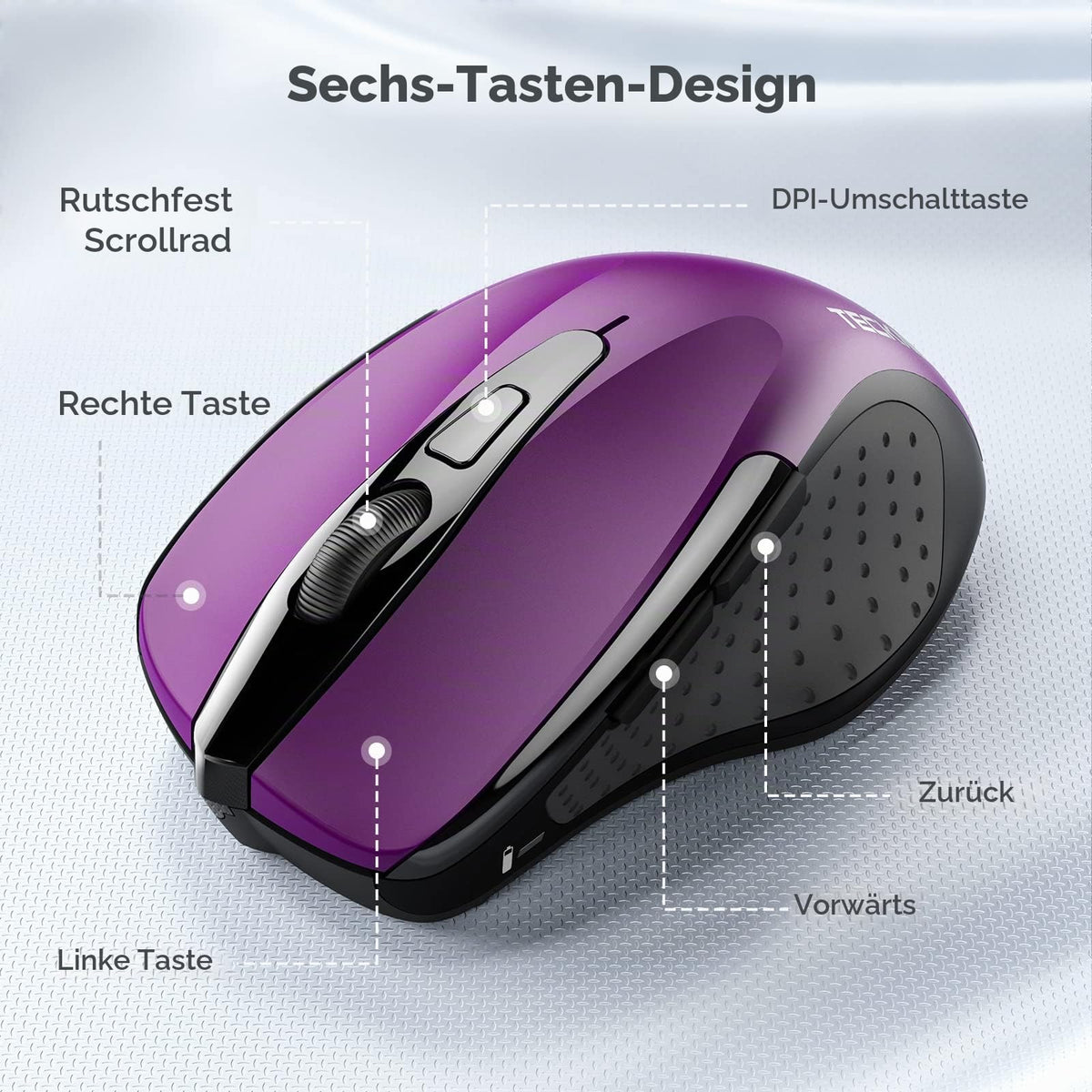 TECKNET Kabellose Maus, 2.4G Optische Funkmaus mit USB Empfänger, Grau