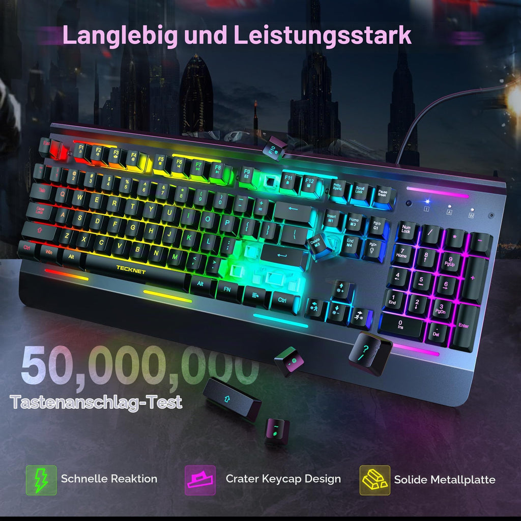 TECKNET Gaming Tastatur 105 Tasten Membrantastatur mit Vollmetall-Gehäuse
