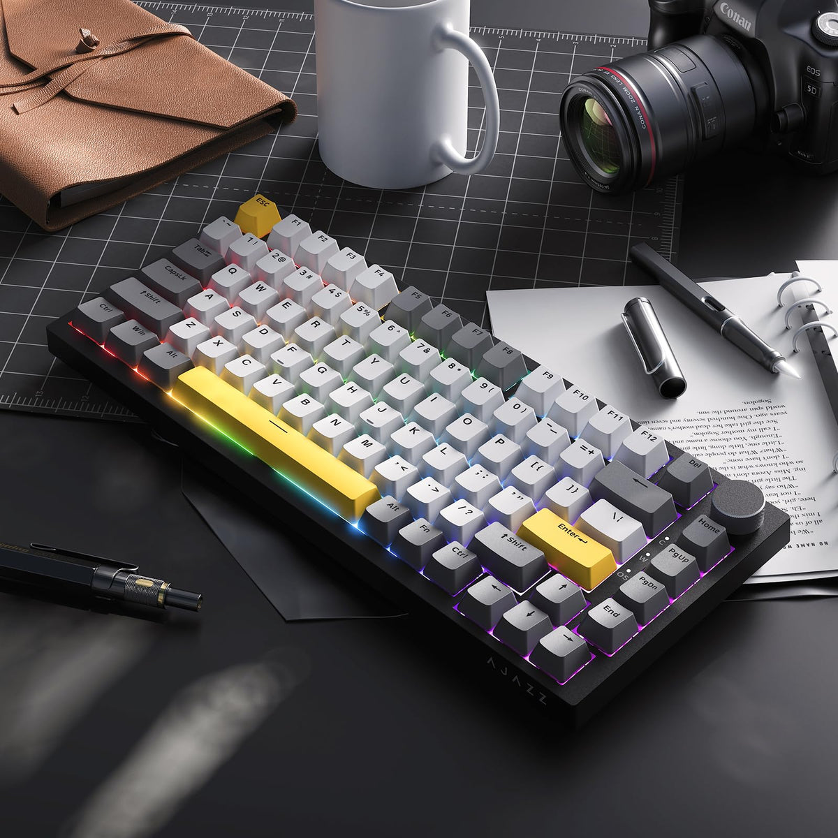 AJAZZ AK820 Mechanical Keyboard, 75% Hot Swappable Wired Keyboard with Volume Control Knob, QWERTY Layout, PBT Keycaps, Five-Layer Sound Insulation Pad, 82-Key Gaming Keyboard, Grey White
