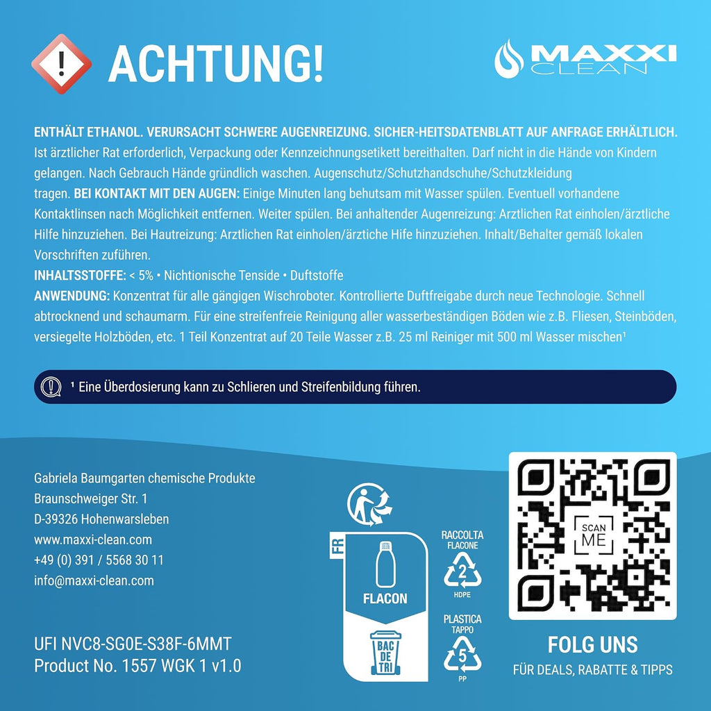 Maxxi Clean 1 x 750 ml Reinigungsmittel für Saugroboter mit Wischfunktion I Konzentrat mit Frische Duft I Universalreiniger für Fliesen, Laminat, Parkett I kompatibel mit gängigen Herstellern