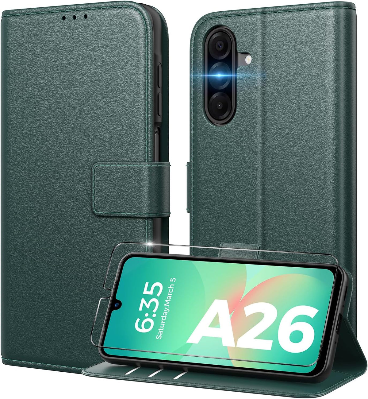 Peakally Handyhülle für Samsung Galaxy A17 5G Hülle [Mit 1 Stück Panzer Schutz Glas] [Premium PU Leder] [RFID-Blockierung] [Kartenfach] Klapphülle kompatibel mit Galaxy A17 5G / 4G - Grün