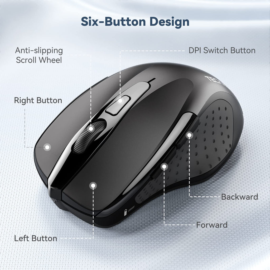 TECKNET Kabellose Maus, 2.4G Optische Funkmaus mit USB Empfänger, Grau