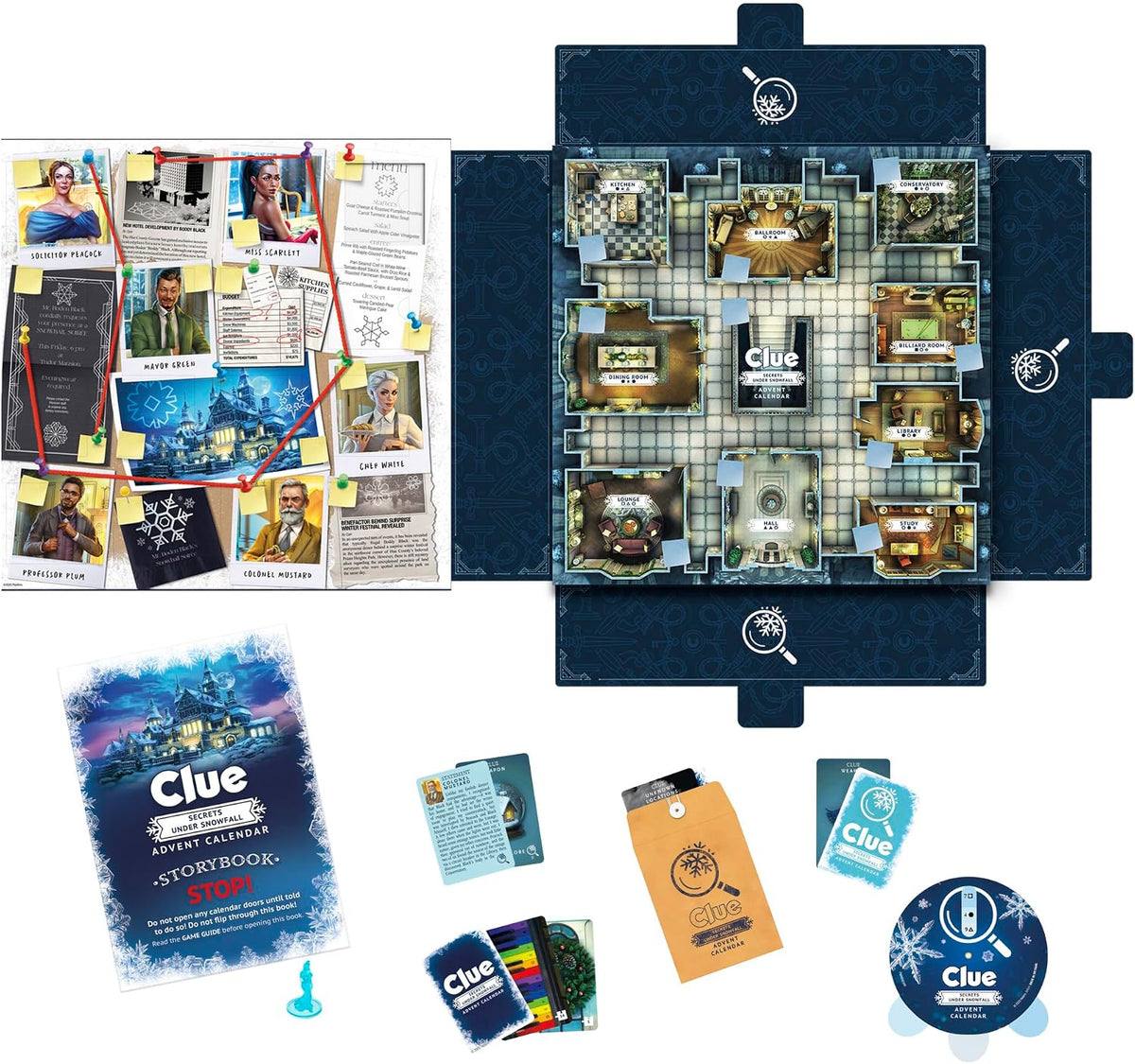 Clue Advent Calendar: Secrets Under Snowfall | 24 Days | Family Mystery Games | with 6 Winter-Themed Tokens and Surprise | Ages 10+ | 1+ Players
