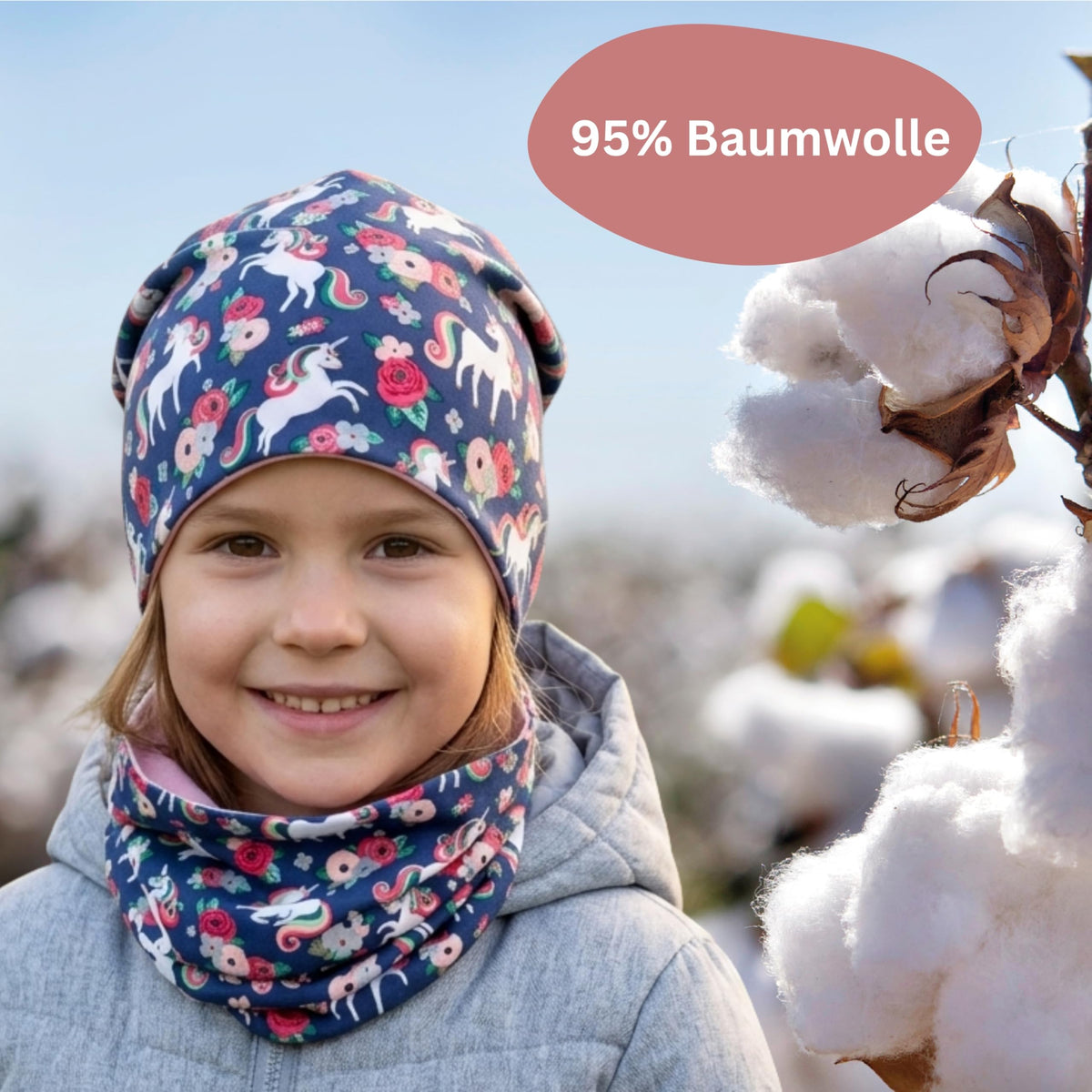HECKBO 360° Reflektor Kinder Mütze & Loop Schal Set - 95% Baumwolle - weiches & pflegeleichtes Stretch-Material - Beanie Frühling Herbst Winter (48-54 cm)