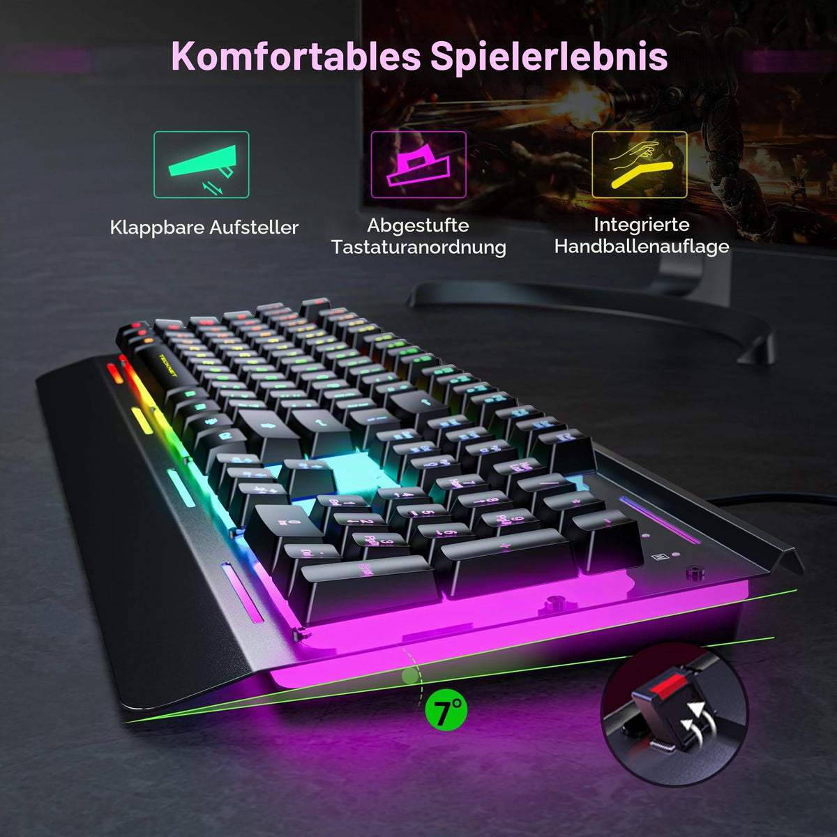 TECKNET Gaming Tastatur 105 Tasten Membrantastatur mit Vollmetall-Gehäuse