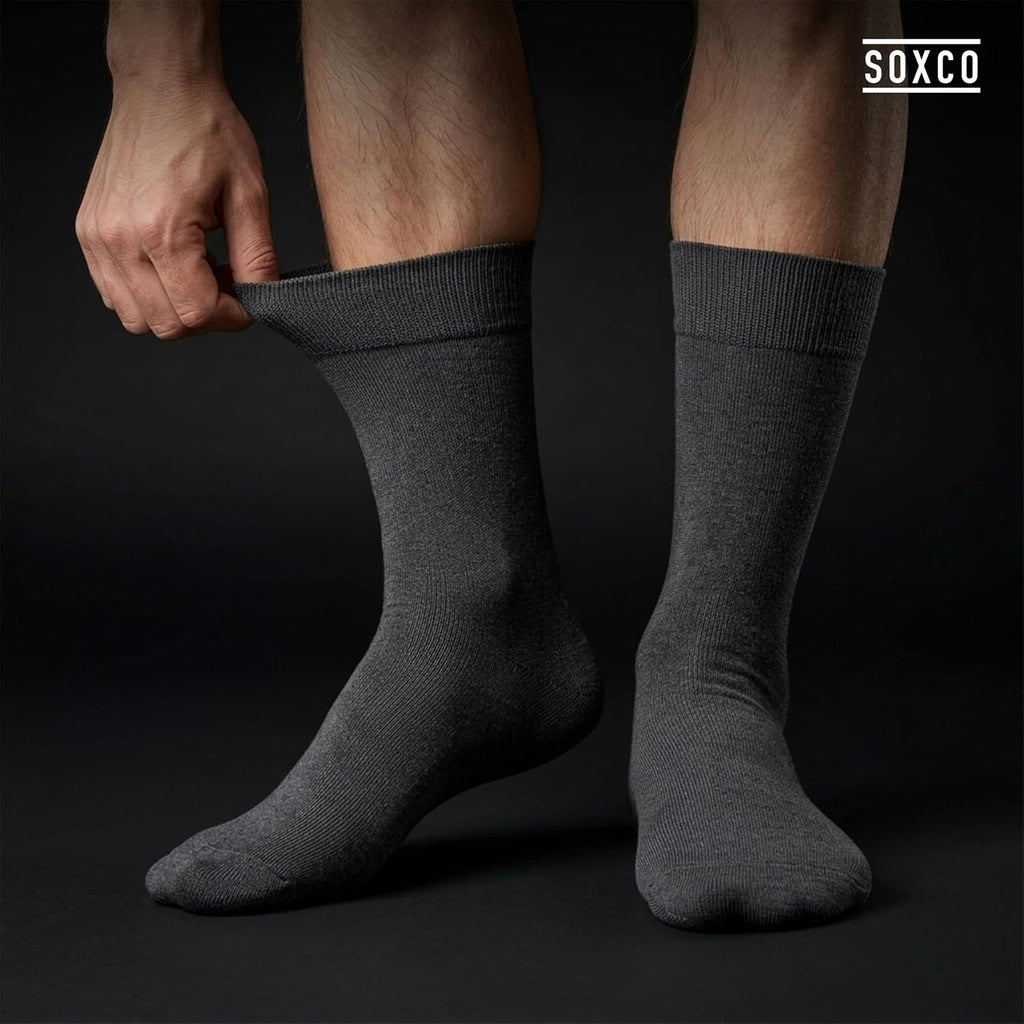 SOXCO Lot de 12 paires de chaussettes homme | Chaussettes habillées mi-mollet riches en coton | Tissu respirant idéales pour le travail et le quotidien | Noir, Blanc, Gris, Bleu Marine
