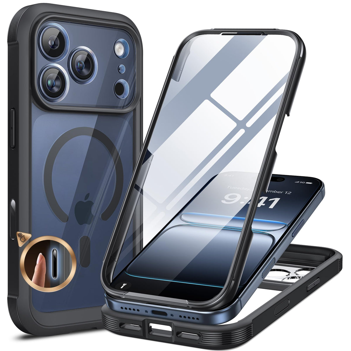 Miracase für iPhone 17 Hülle 6,3 Zoll,360 Grad Komplettschutz,Schwarz