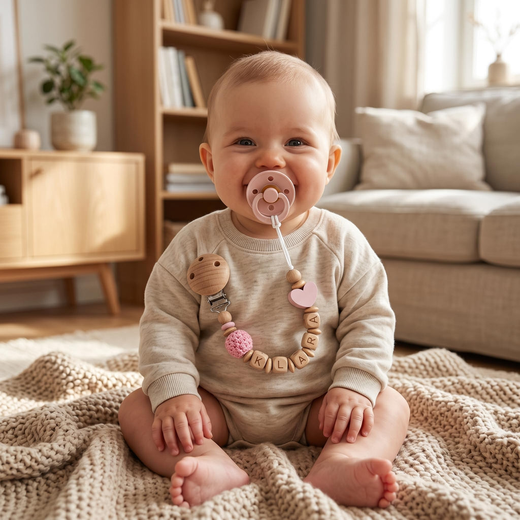 Schnullerband mit Namen für Mädchen & Jungen personalisierte Baby Geschenke (REH Herzchen)