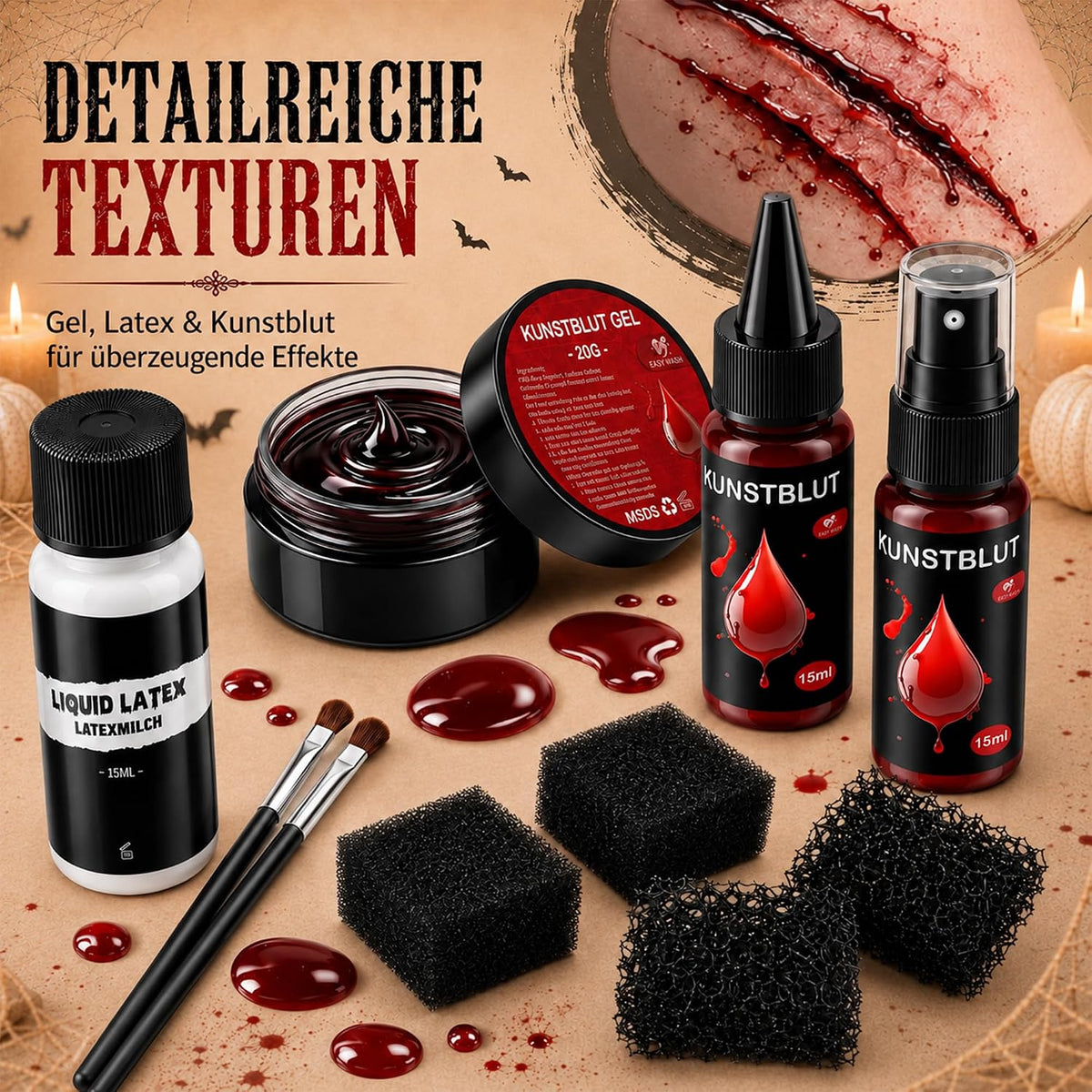 Kunstblut Halloween Fake Blood Schminke Make Up 10er Set Auswaschbar