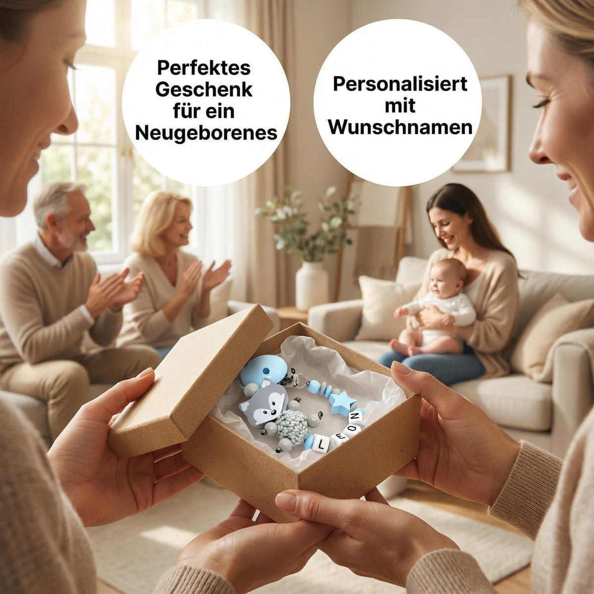 Schnullerband mit Namen für Mädchen & Jungen personalisierte Baby Geschenke (REH Herzchen)