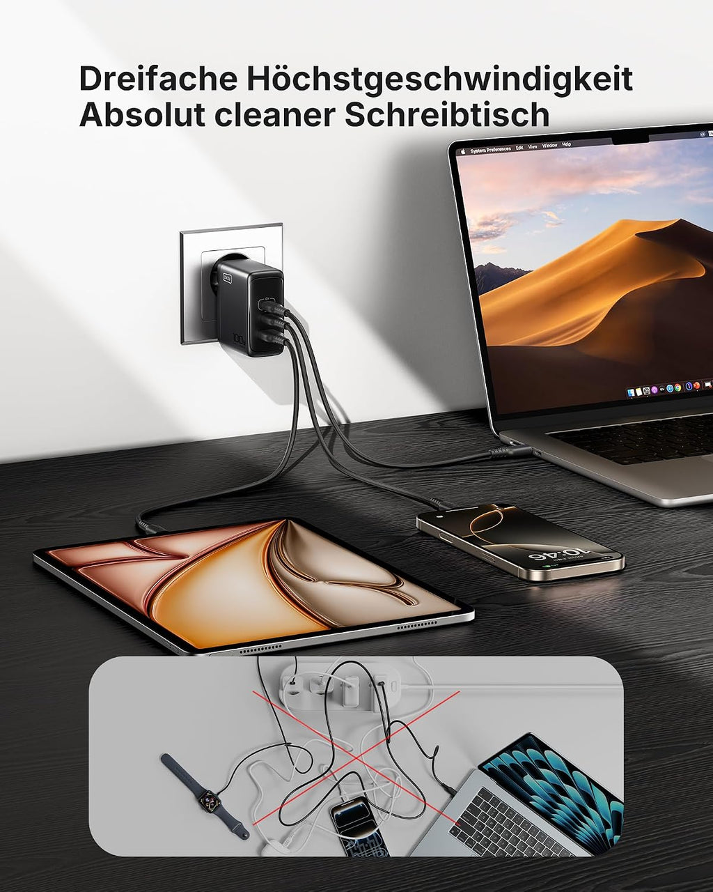 INIU USB C Ladegerät, 100W 3-Port Laptop Schnellladegerät mit 1.5m Kabel