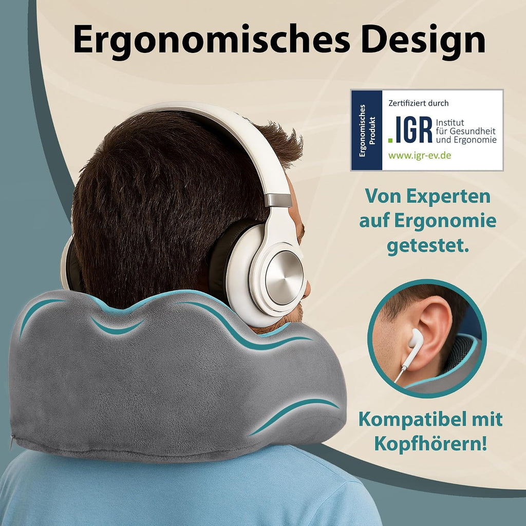 FLOWZOOM Comfy Nackenkissen Flugzeug & Auto mit Kapuze - Einstellbares Memory Foam Reisekissen mit Druckknöpfen für 360° Stütze, weicher Bezug - inkl. Transportbeutel - Grau