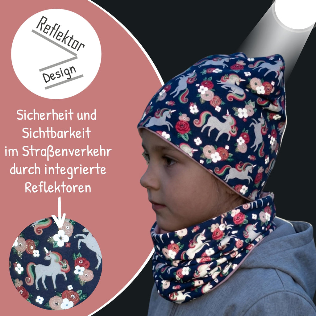 HECKBO 360° Reflektor Kinder Mütze & Loop Schal Set - 95% Baumwolle - weiches & pflegeleichtes Stretch-Material - Beanie Frühling Herbst Winter (48-54 cm)