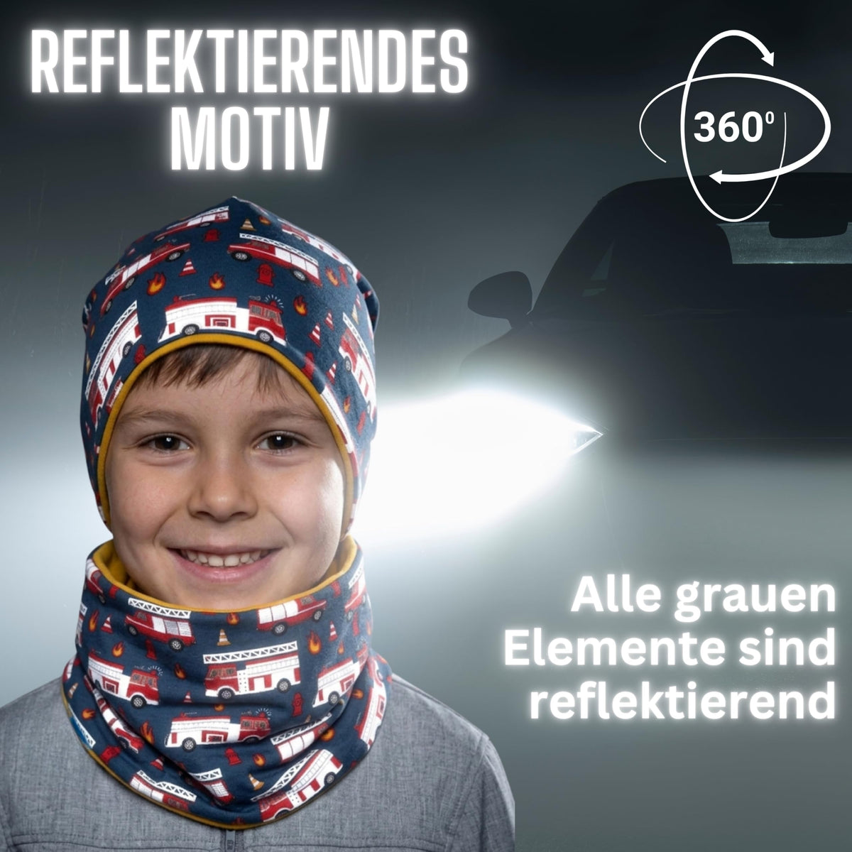 HECKBO 360° Reflektor Kinder Mütze & Loop Schal Set - 95% Baumwolle - weiches & pflegeleichtes Stretch-Material - Beanie Frühling Herbst Winter (48-54 cm)