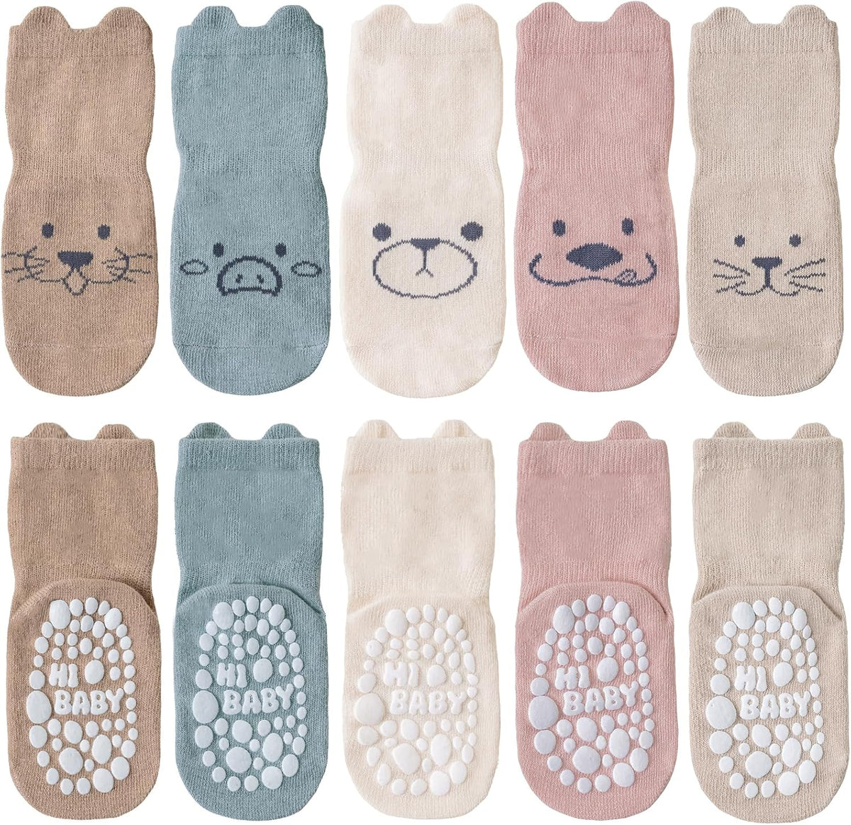 SockWaddles Chaussettes de bébé, 5 paires de chaussettes antidérapantes ABS respirantes pour enfants, chaussettes de bébé en coton, garçons et filles avec des animaux et des licornes