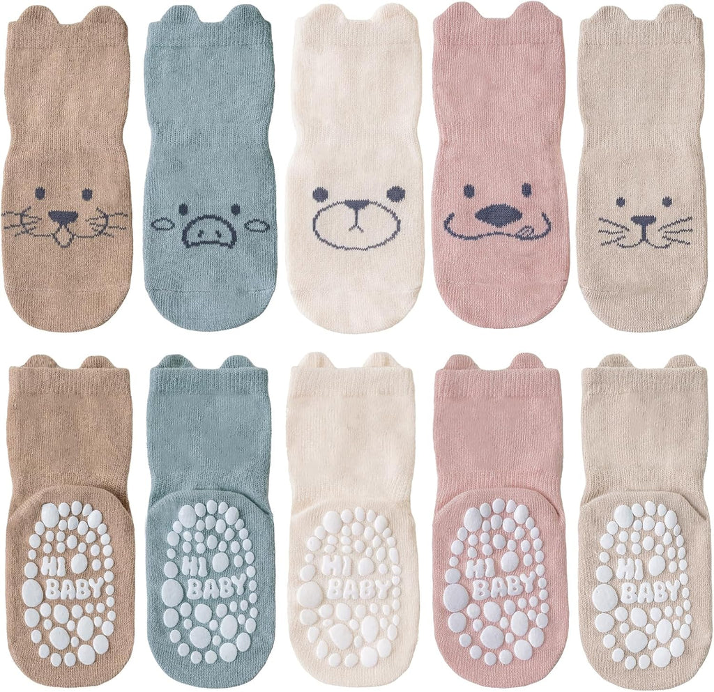 SockWaddles Chaussettes de bébé, 5 paires de chaussettes antidérapantes ABS respirantes pour enfants, chaussettes de bébé en coton, garçons et filles avec des animaux et des licornes