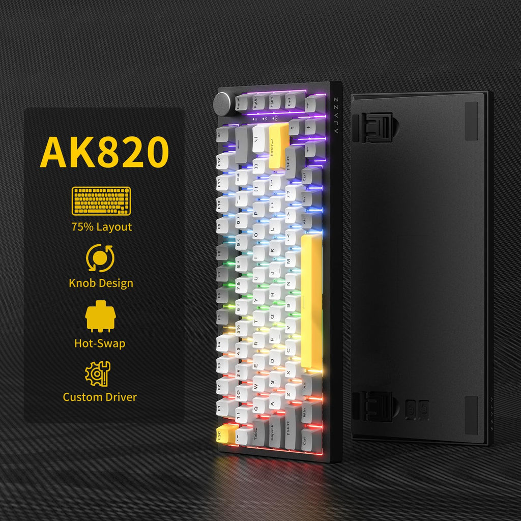AJAZZ AK820 Mechanical Keyboard, 75% Hot Swappable Wired Keyboard with Volume Control Knob, QWERTY Layout, PBT Keycaps, Five-Layer Sound Insulation Pad, 82-Key Gaming Keyboard, Grey White