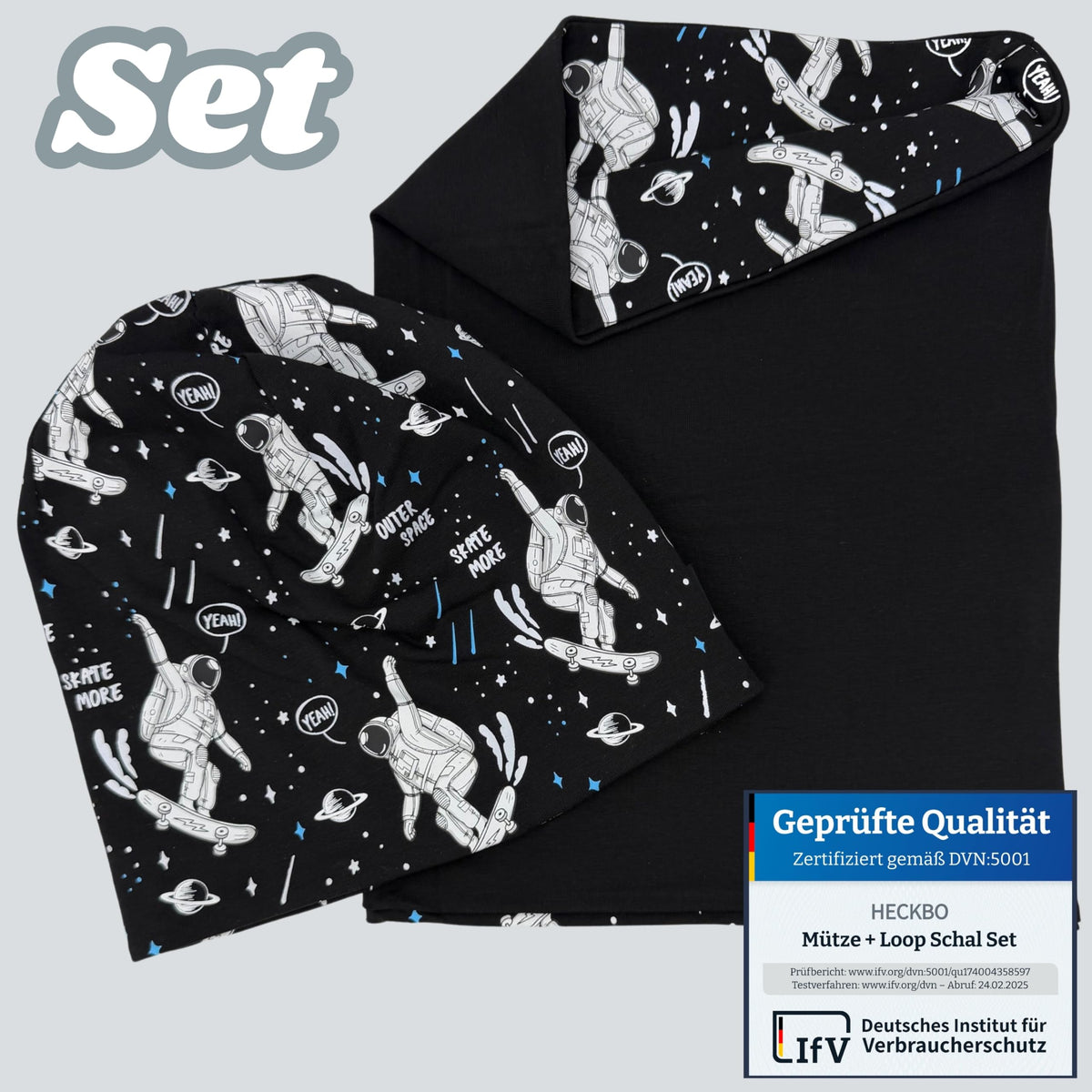 HECKBO 360° Reflektor Kinder Mütze & Loop Schal Set - 95% Baumwolle - weiches & pflegeleichtes Stretch-Material - Beanie Frühling Herbst Winter (48-54 cm)