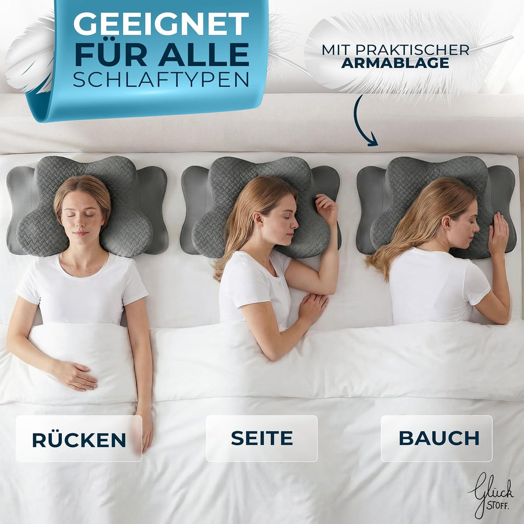 Glückstoff® Ergonomisches Kissen (für alle Schlaftypen) Kopfkissen aus Memory Foam | Nackenstützkissen Ergonomisches Kopfkissen Seitenschläferkissen Grau