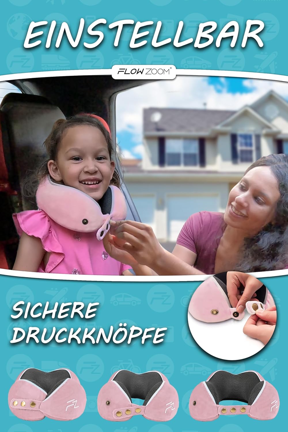 FLOWZOOM Comfy Nackenkissen Flugzeug & Auto mit Kapuze - Einstellbares Memory Foam Reisekissen mit Druckknöpfen für 360° Stütze, weicher Bezug - inkl. Transportbeutel - Grau