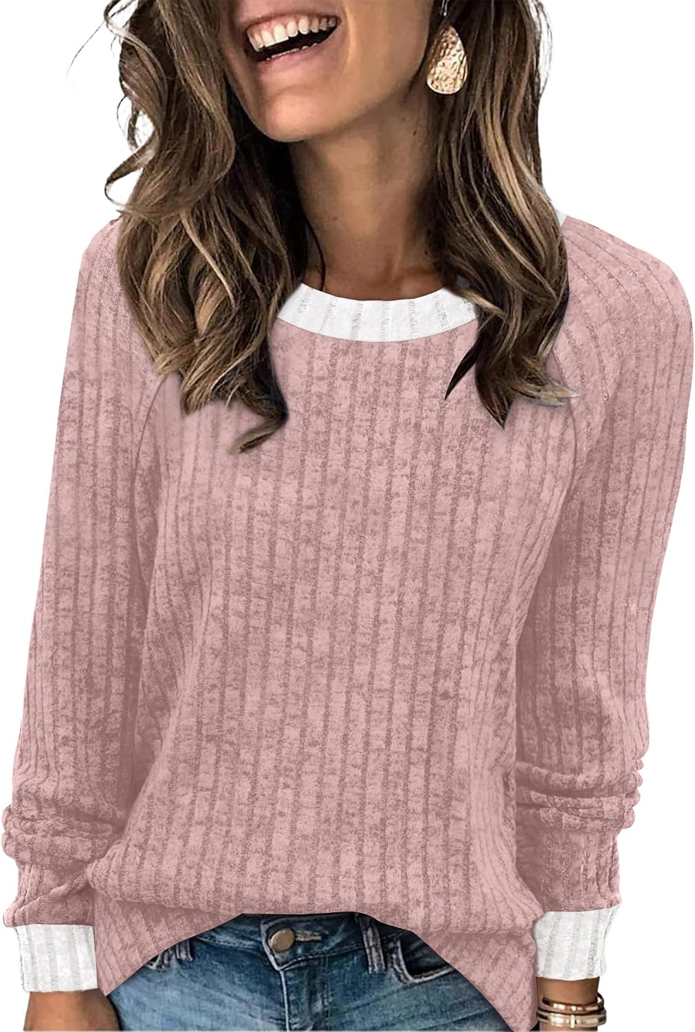 WIHOLL Langarmshirts für Damen Leichte Pullover Herbstoutfits 2026 Color-Block Winterkleidung Schick Lässig Weich