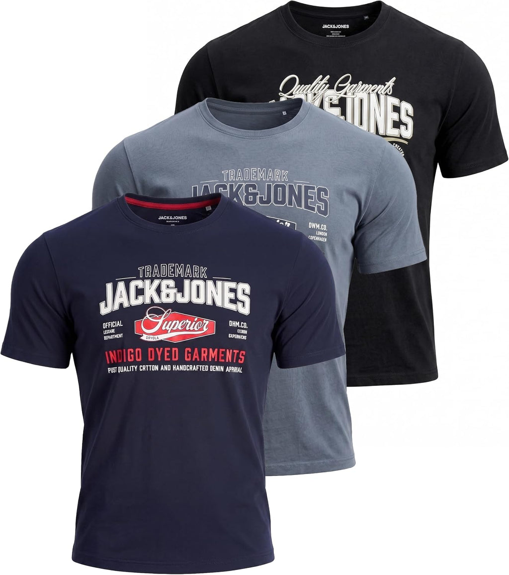 JACK & JONES Herren T-Shirt 3er Pack – Baumwolle, Rundhals, Kurzarm, mit Print – Bequeme Freizeitshirts im modernen Design