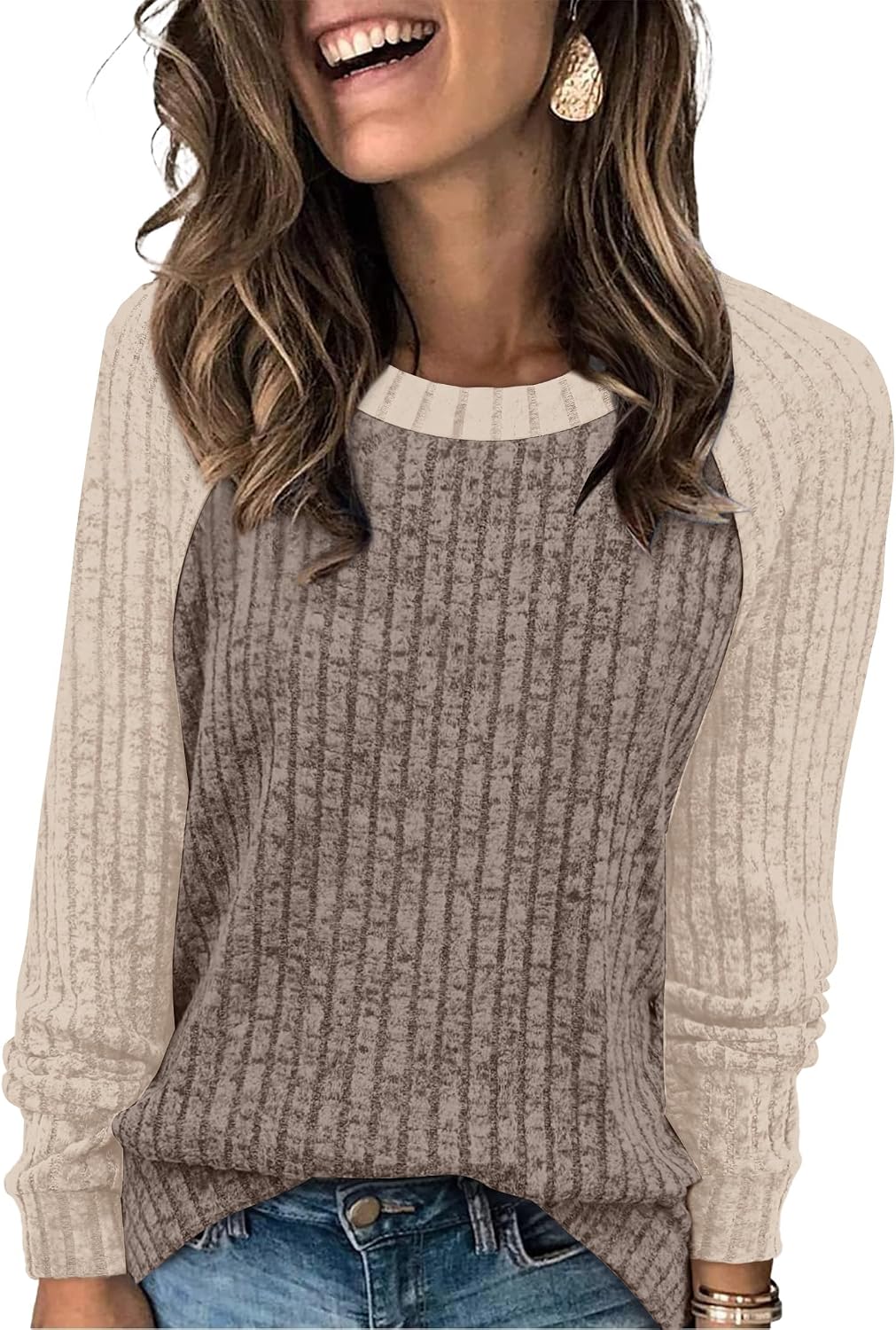 WIHOLL Langarmshirts für Damen Leichte Pullover Herbstoutfits 2026 Color-Block Winterkleidung Schick Lässig Weich