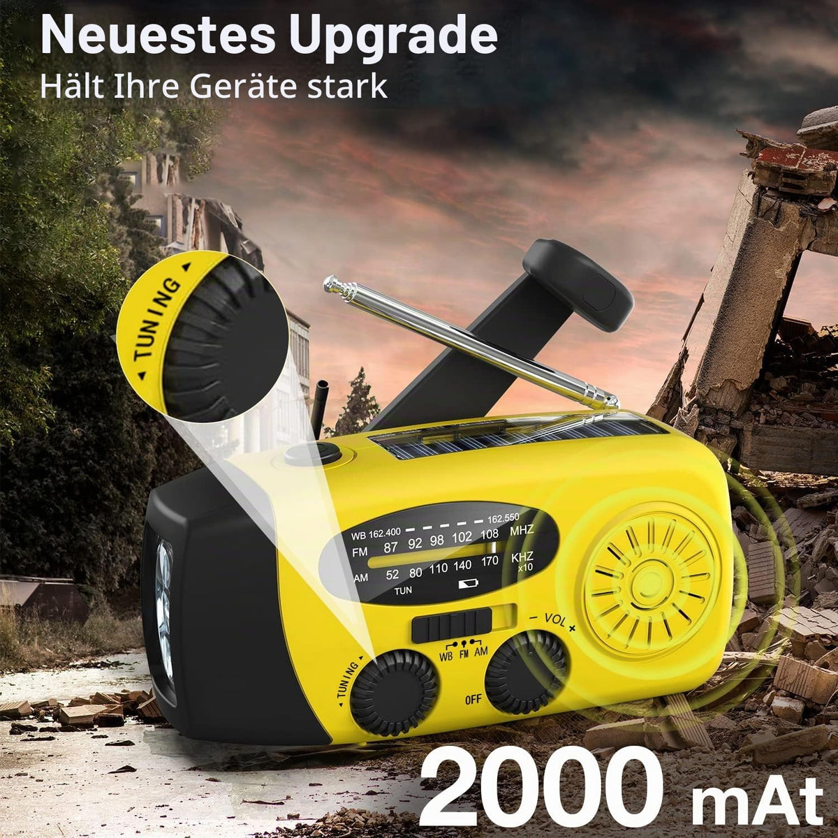 Notfall-Solarradio,Solarbaby Selbstbetriebenes Kurbelradio mit LED-Taschenlampe, SOS-Alarm,AM/FM Wetter Wind Up Radio mit 2000mAh Akku für Notladung von Smartphone,(Rod)