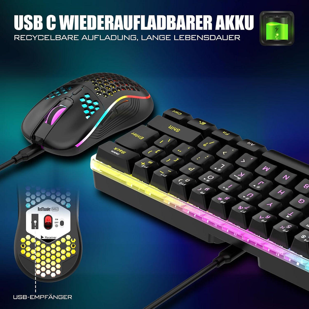 RedThunder 60% Kabelloses RGB Gaming Tastatur und Maus Set, QWERTZ DE Layout, Wiederaufladbare Funktastatur mit Ultraleichte Gaming Maus mit Wabenkonstruktion, für PC MAC PS5 Xbox Gamer, Büro.