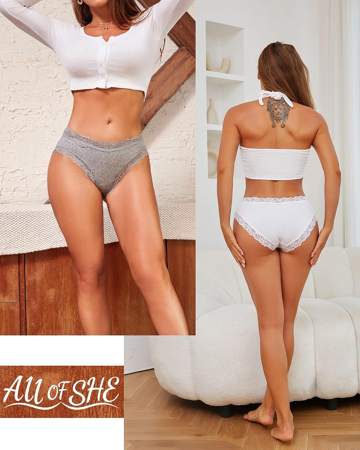 ALL OF SHE 6er-Pack Damen-Unterwäsche aus Baumwolle, Slips mit Spitze, weiche Hipster, sexy Unterhosen im Multipack