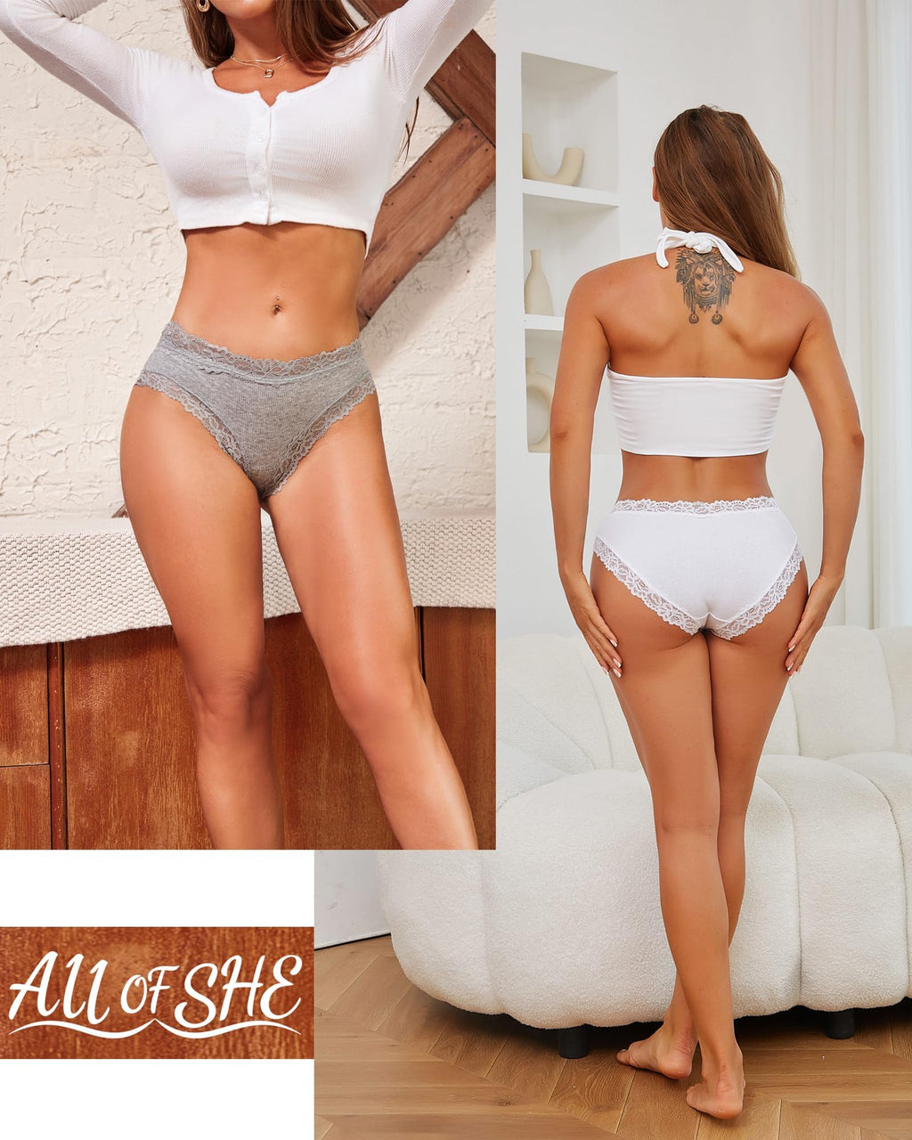 ALL OF SHE 6er-Pack Damen-Unterwäsche aus Baumwolle, Slips mit Spitze, weiche Hipster, sexy Unterhosen im Multipack