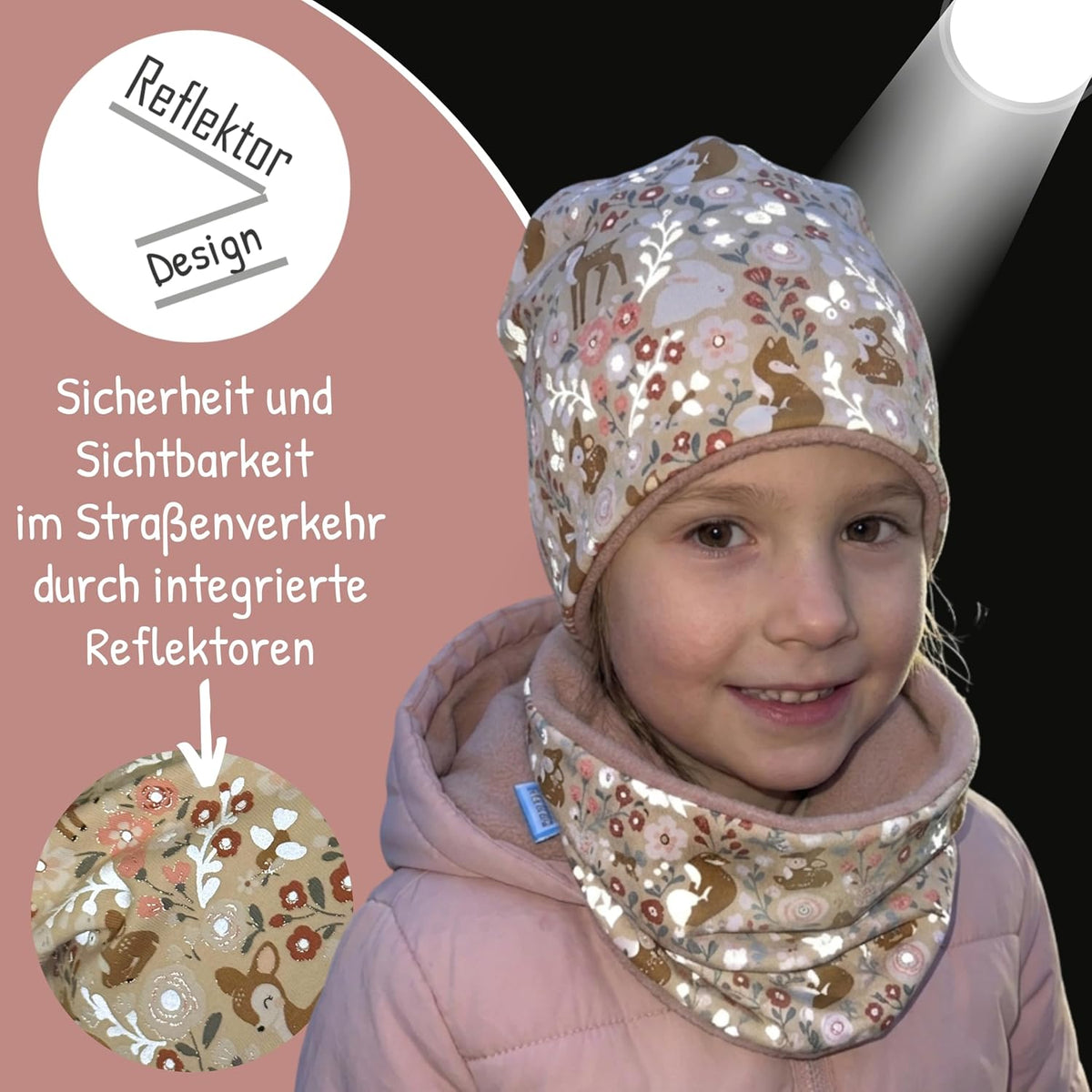 HECKBO 360° Reflektor Kinder Mütze & Loop Schal Set - 95% Baumwolle - weiches & pflegeleichtes Stretch-Material - Beanie Frühling Herbst Winter (48-54 cm)