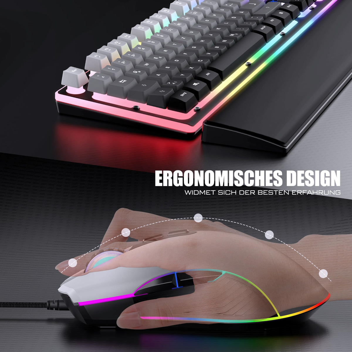 RedThunder K10 Gaming Tastatur und Maus Set, QWERTZ DE-Layout, Metallplatte und Handballenauflager，RGB-Hintergrundbeleuchtung - und 7D mit Ergonomische - für PC Mac Gamer(Weiß)
