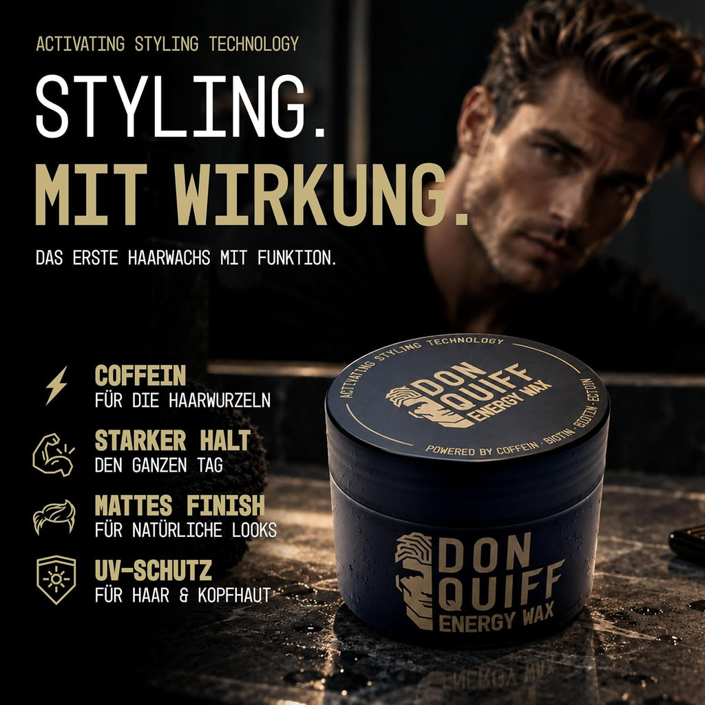 Don Quiff Energy Wax – Haarwachs für Männer aus Die Höhle der Löwen – starker matter Halt, Clay Pomade mit Coffein, Biotin & Ectoin, UVA/UVB-Filter – 80 ml – Made in Germany